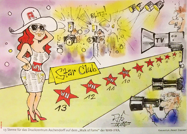 A cartoon in the house magazine deals with reaching the first position in the “Star Club”, Aschendorff INTERN, 30.9.2016